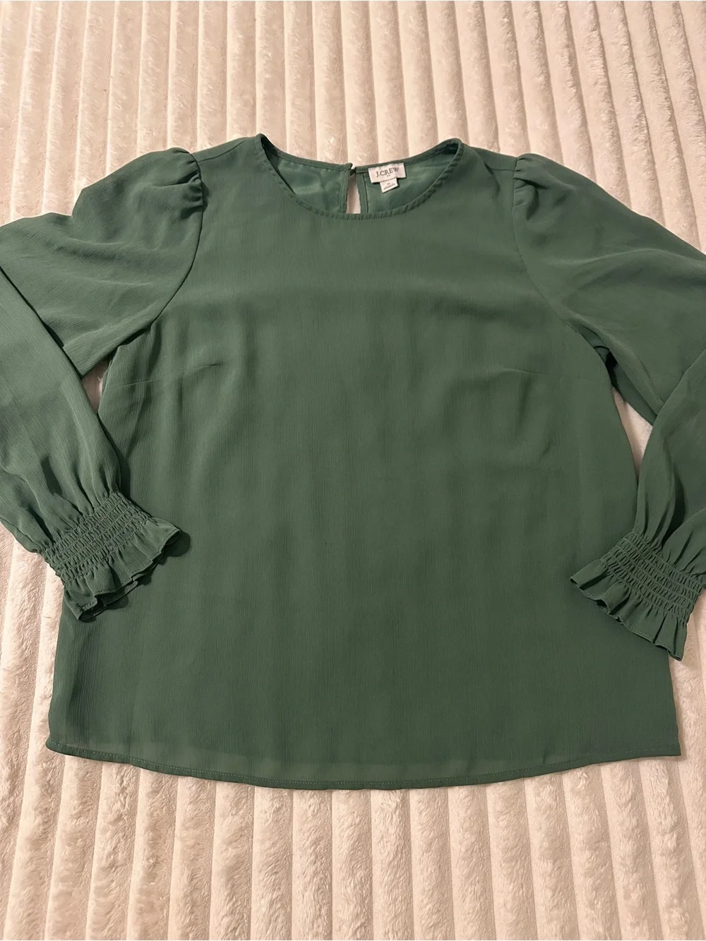 J. Crew Olive Green Long-Sleeve Crewneck Blouse with Puffed Rouched Cuff